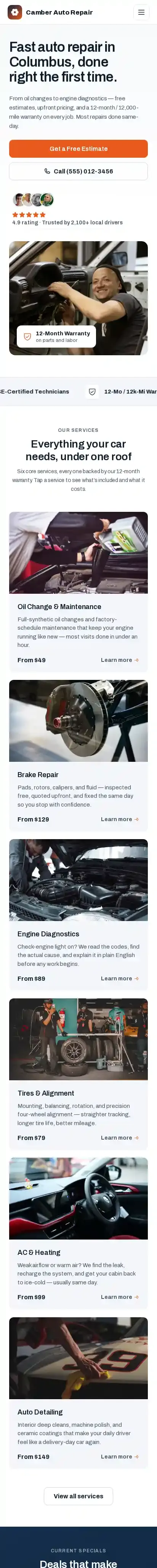 Camber Auto home page on mobile