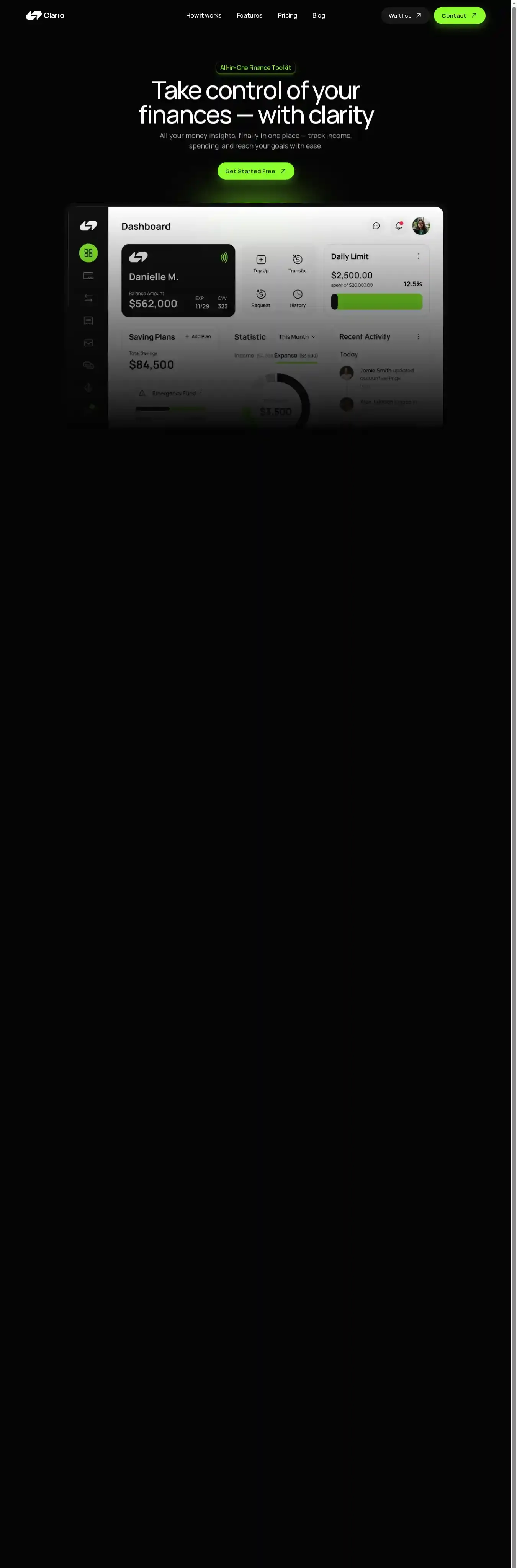 Clario home page on desktop