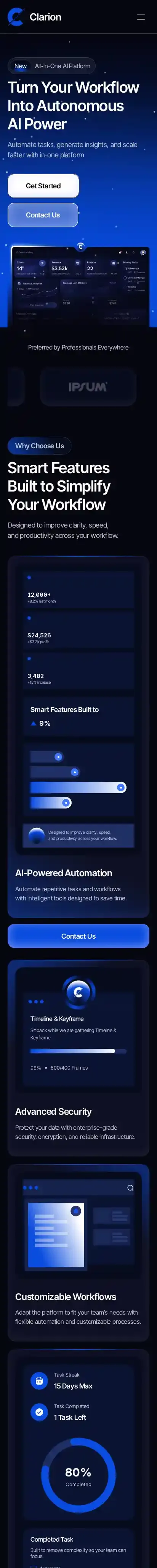 Clarionn home page on mobile