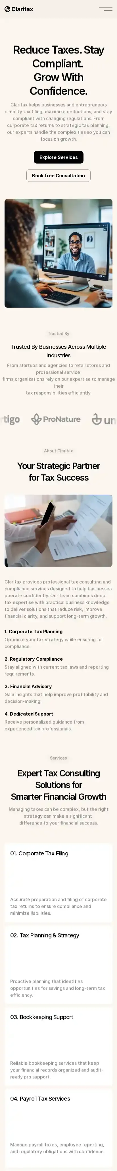 Claritax home page on mobile