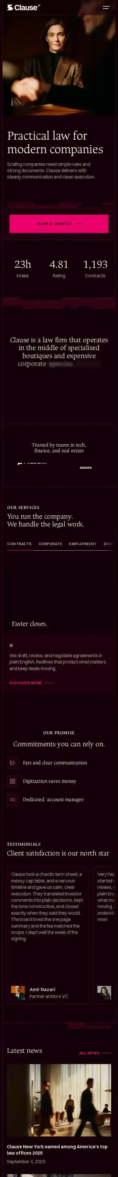 Clause Law Firm home page on mobile