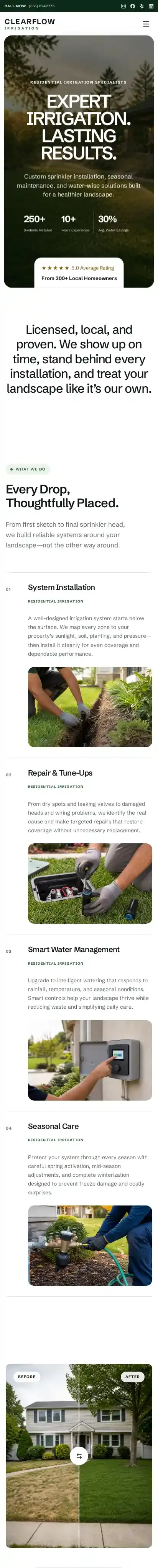 Clearflow Irrigation home page on mobile