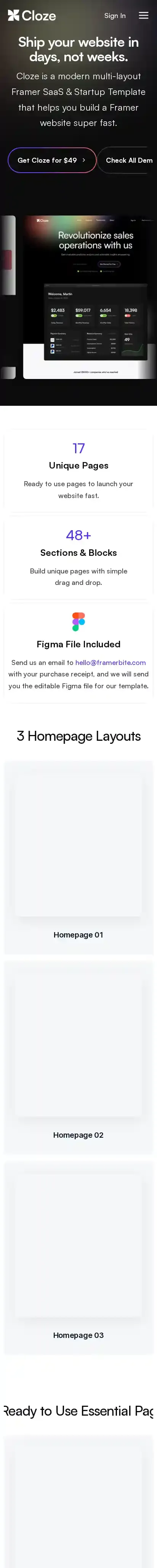 Cloze home page on mobile