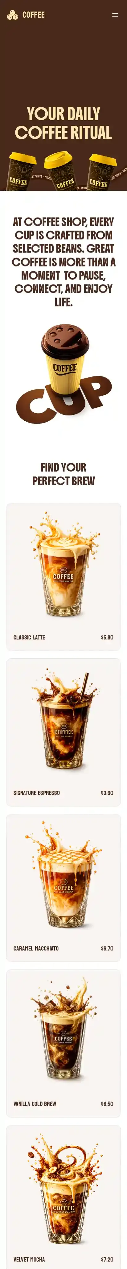 Coffee & Cafe Shop home page on mobile