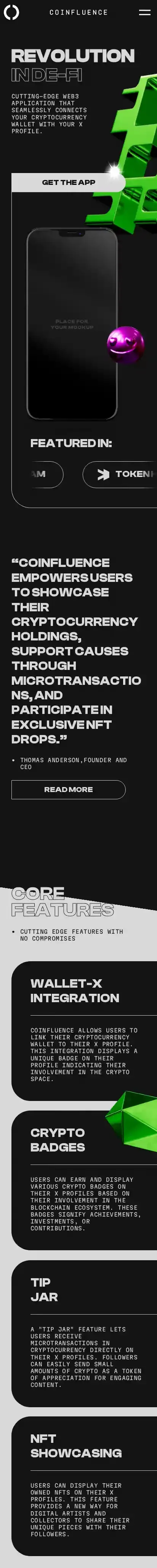 Coinfluence home page on mobile