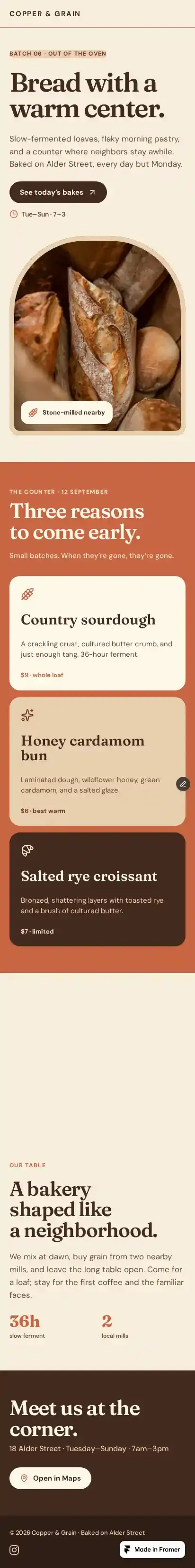 Copper & Grain home page on mobile