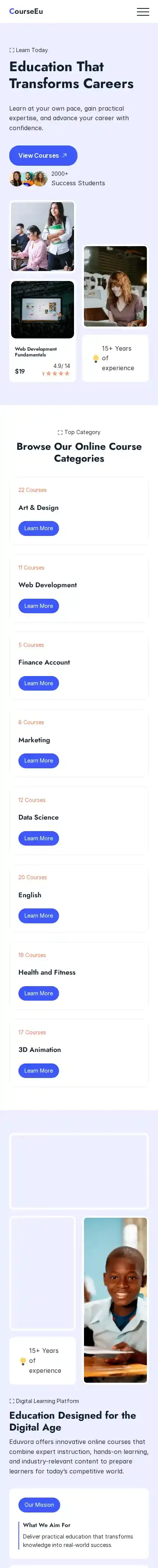 CourseEu Academy home page on mobile