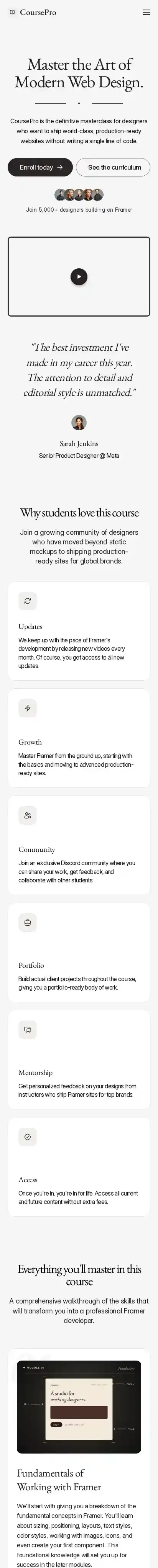 CoursePro home page on mobile