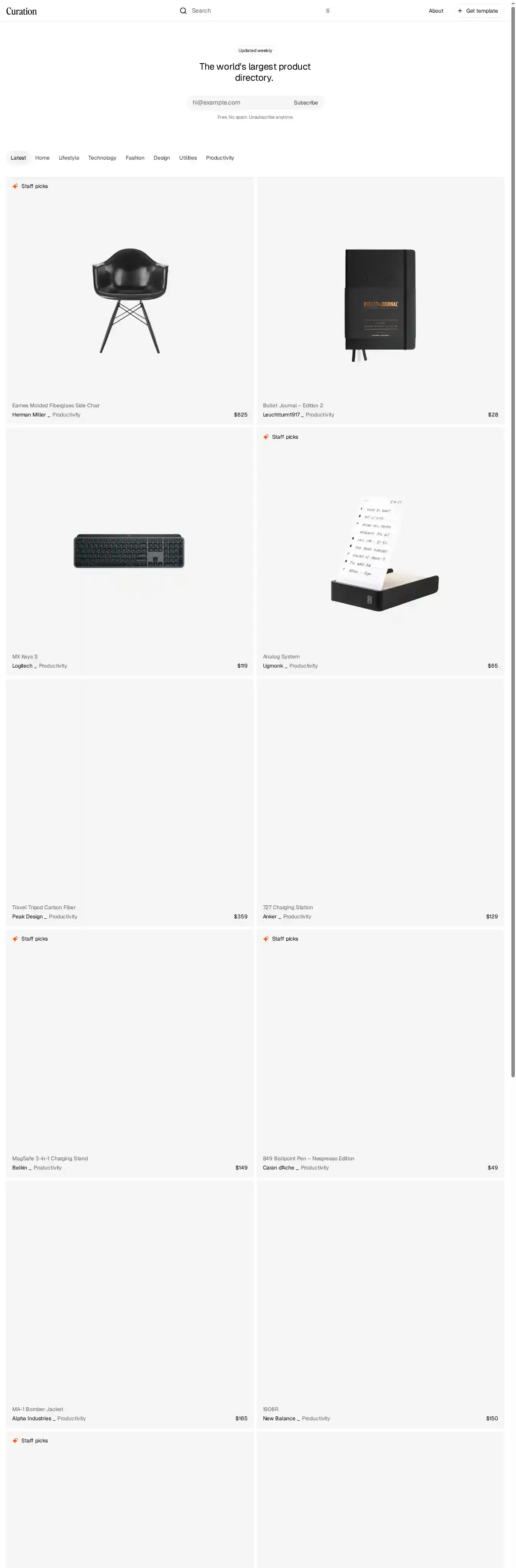 Curated home page on desktop