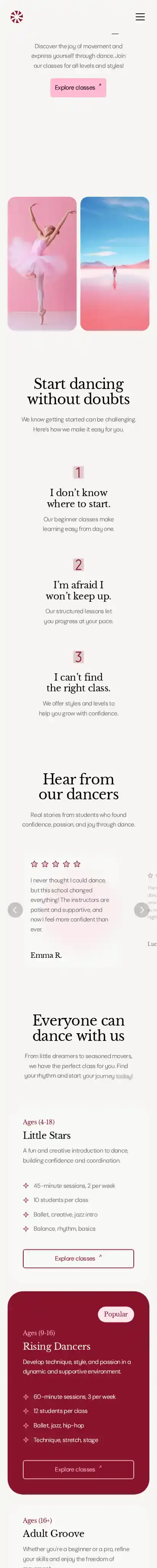 Danzora home page on mobile