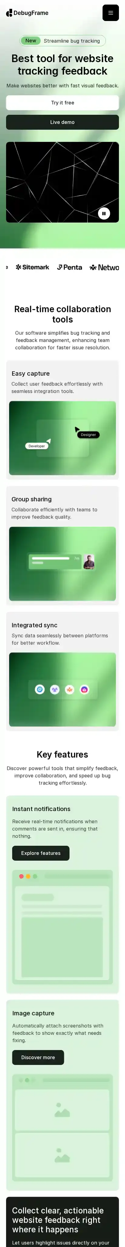 DebugFrame home page on mobile