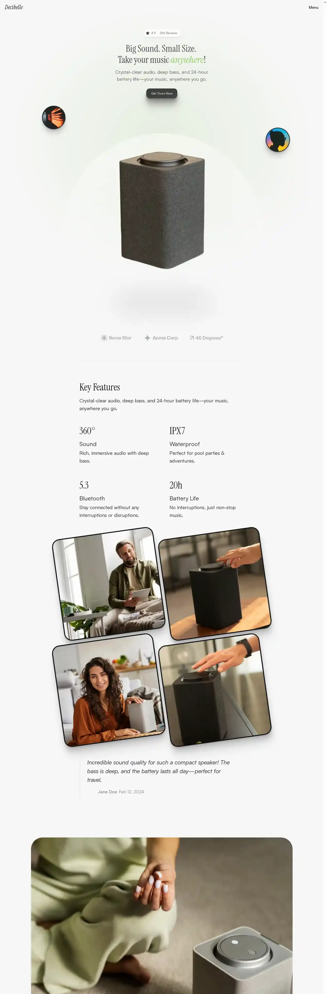 Decibelle home page on desktop
