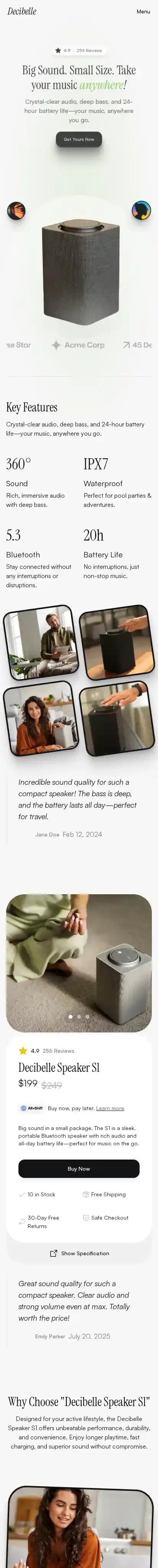 Decibelle home page on mobile