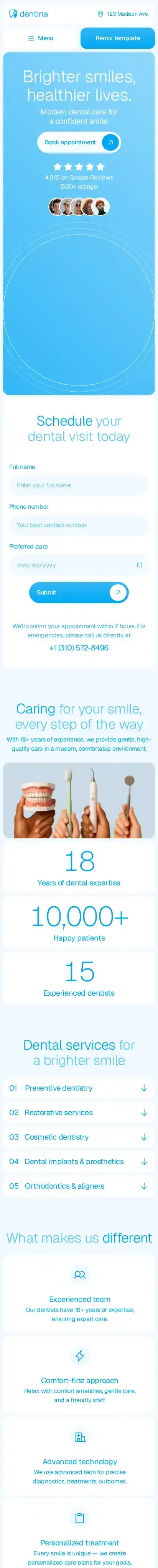 Dentina home page on mobile
