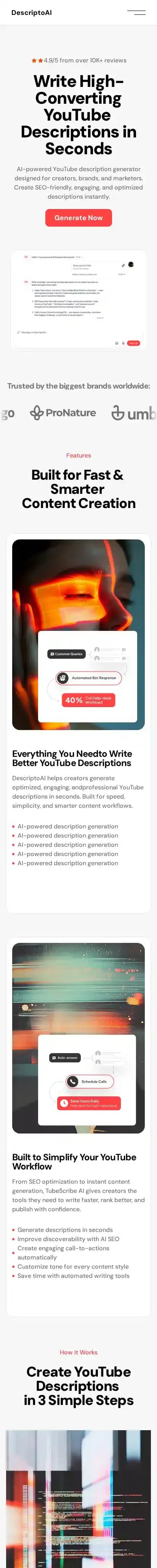 DescriptoAI home page on mobile