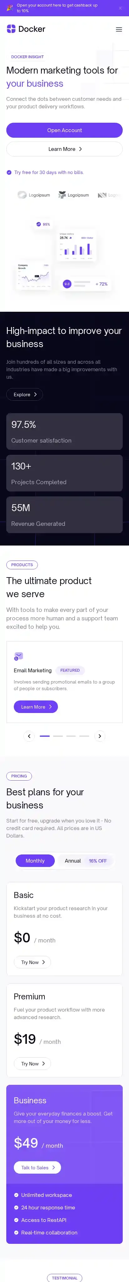 Docker home page on mobile