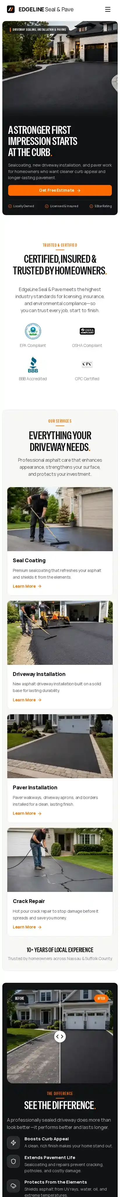 Edgeline Seal & Pave home page on mobile