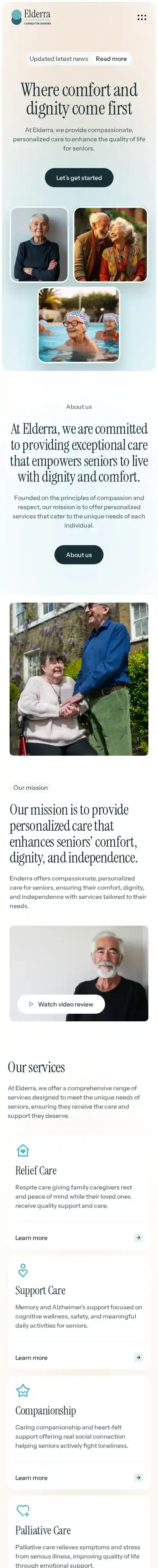Elderra home page on mobile