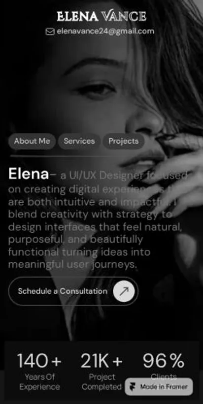 Elena Vance Portfoli home page on mobile