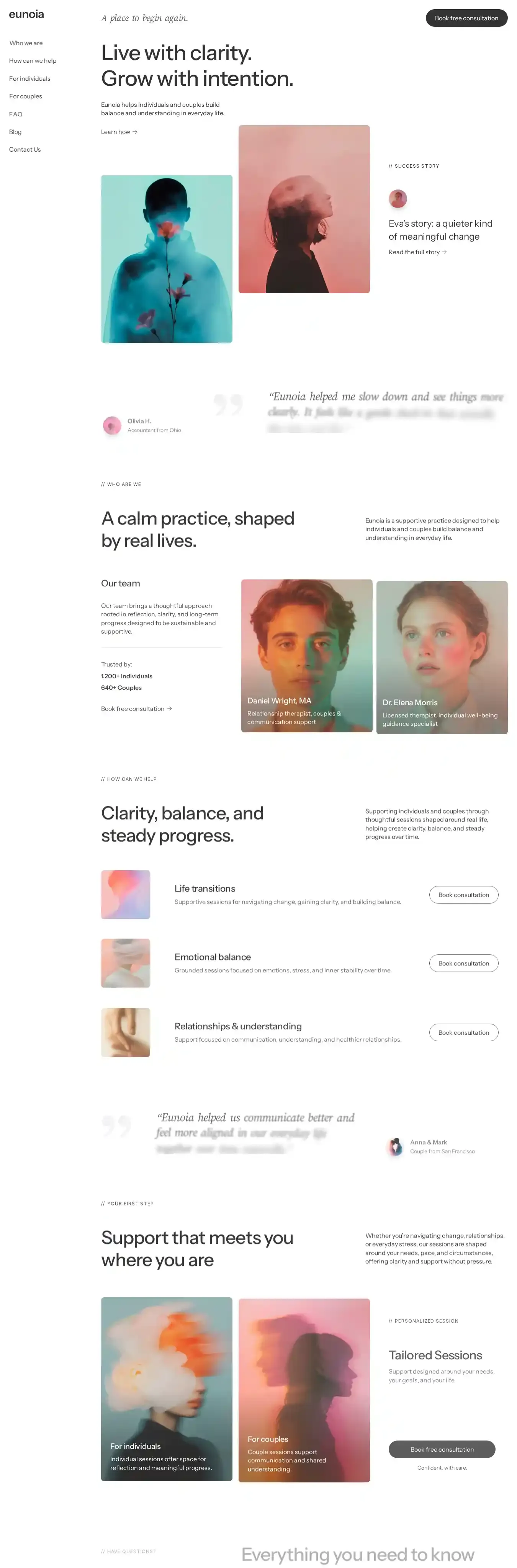 Eunoia home page on desktop