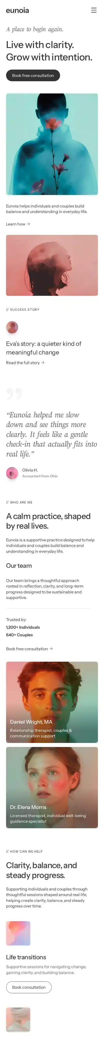 Eunoia home page on mobile
