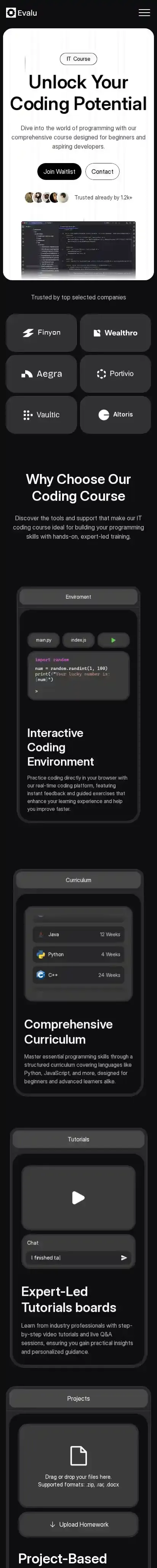 Evalu home page on mobile