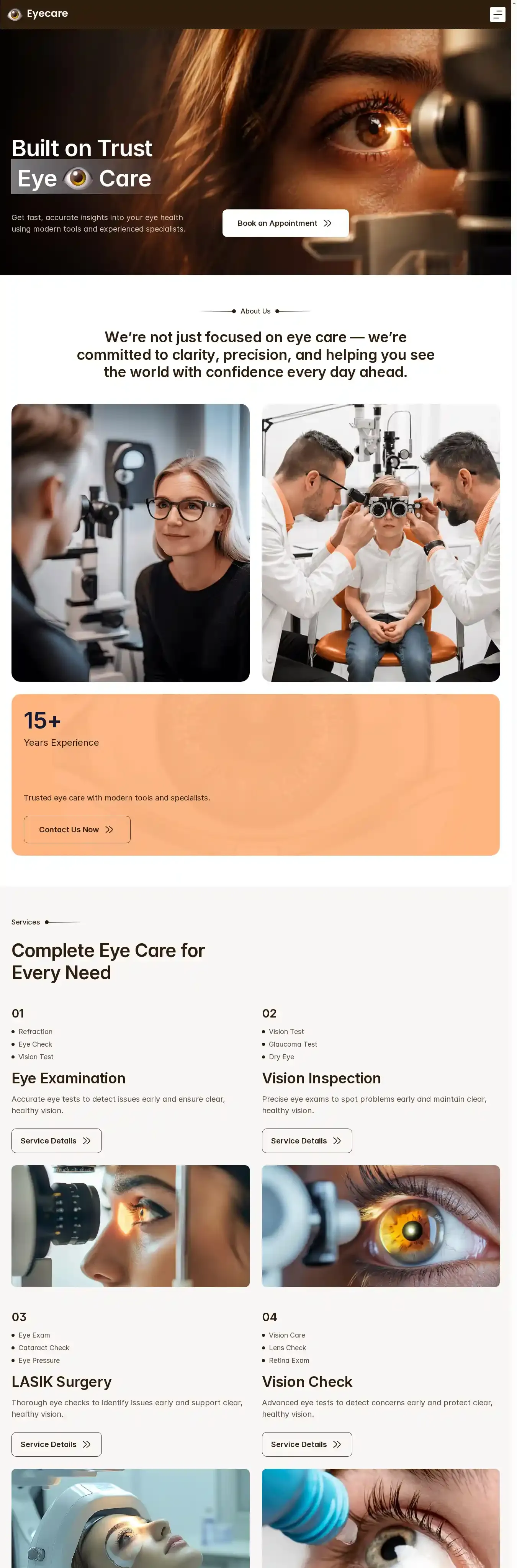 Eyecare home page on desktop