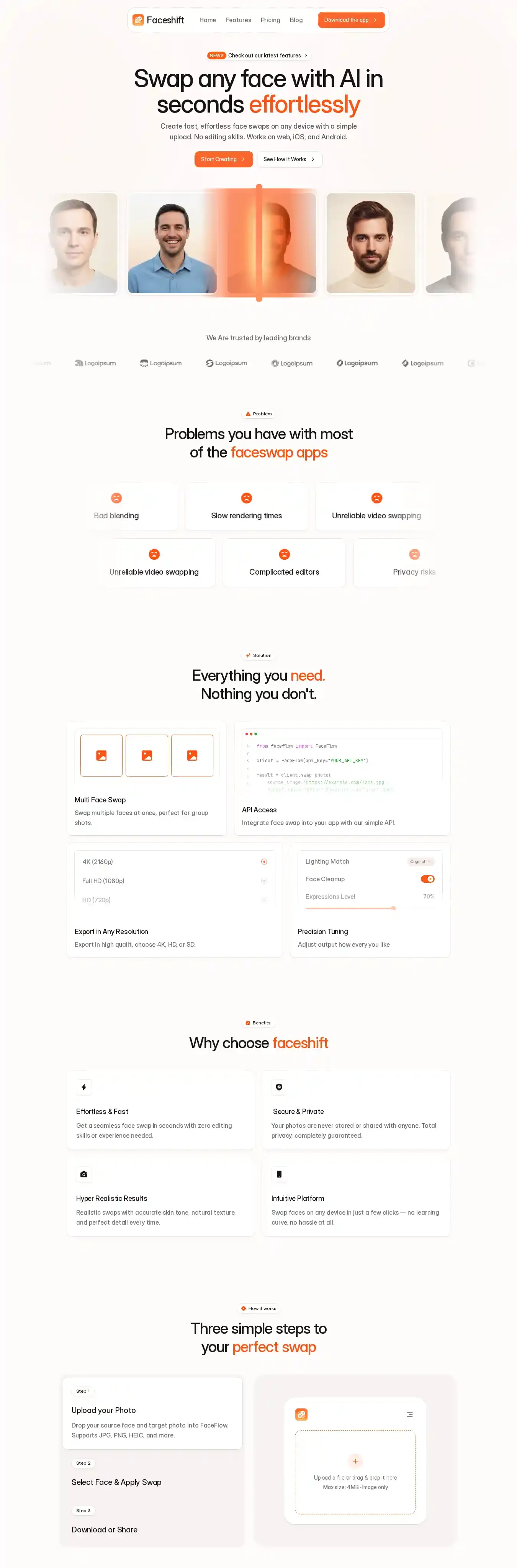 Faceshift home page on desktop