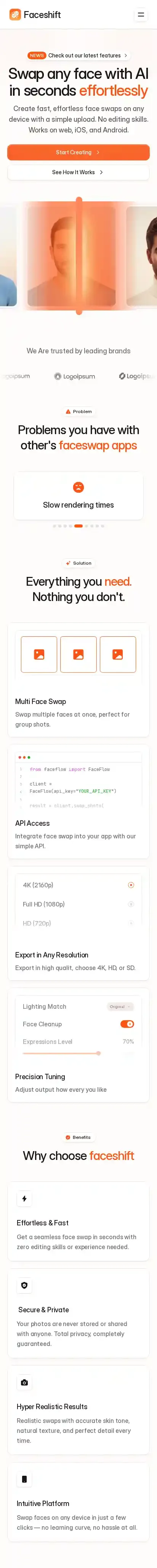 Faceshift home page on mobile