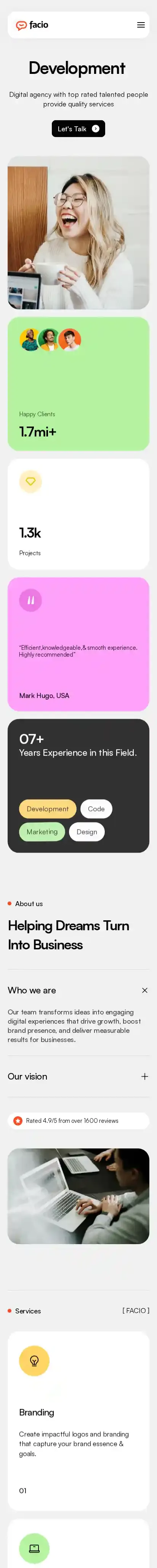 Facio home page on mobile