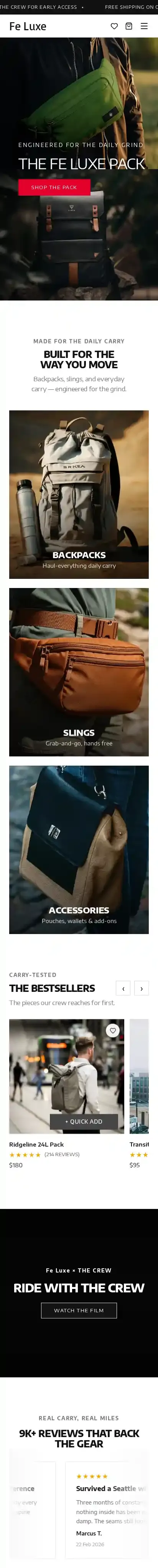 Fe Luxe home page on mobile