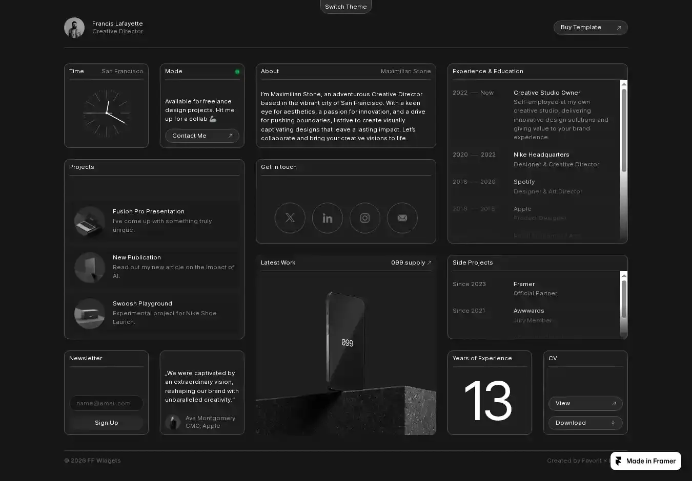 FF Widgets home page on desktop