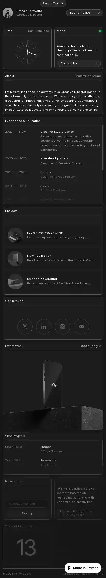 FF Widgets home page on mobile