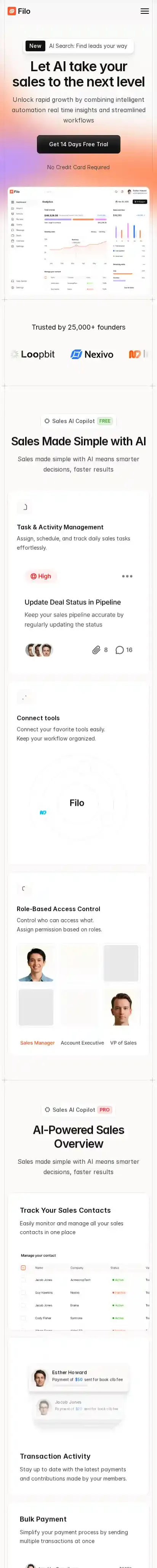 Filo home page on mobile