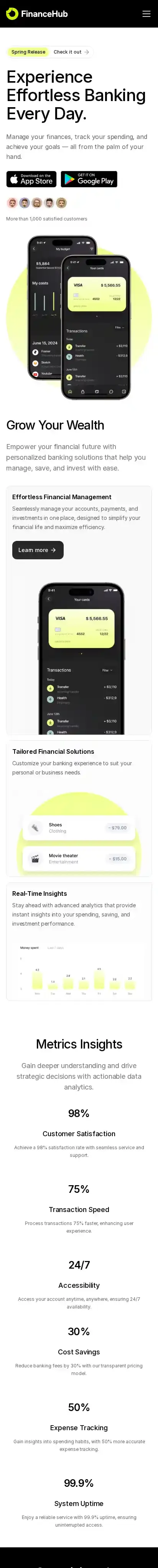 FinanceHub home page on mobile