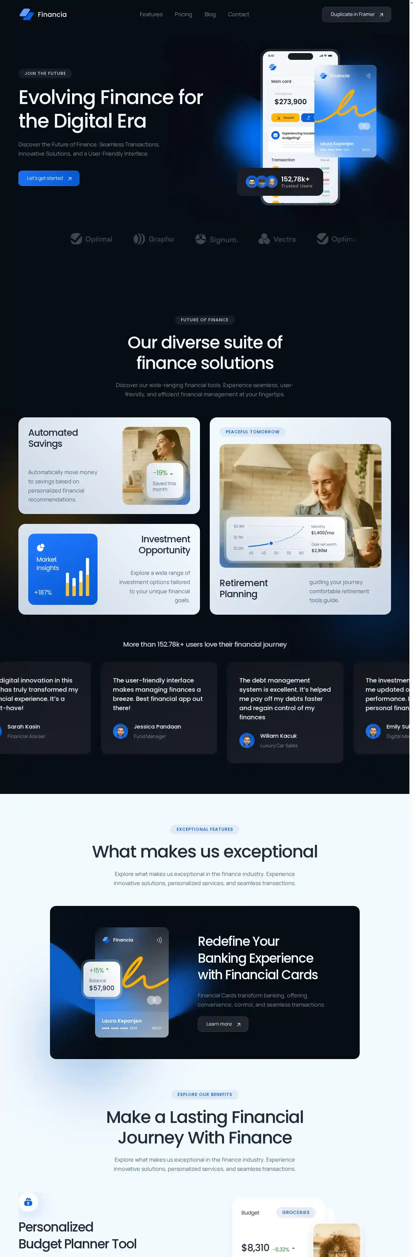 Financia home page on desktop