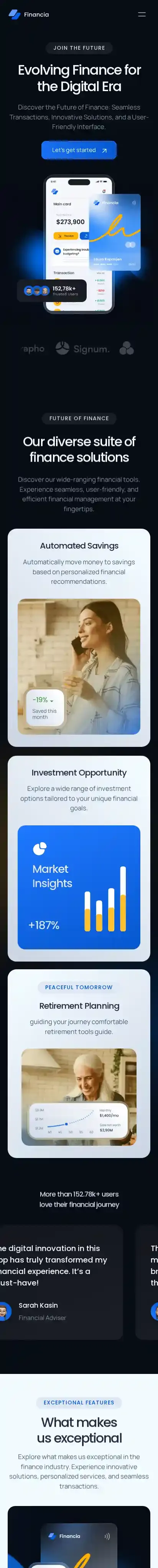 Financia home page on mobile