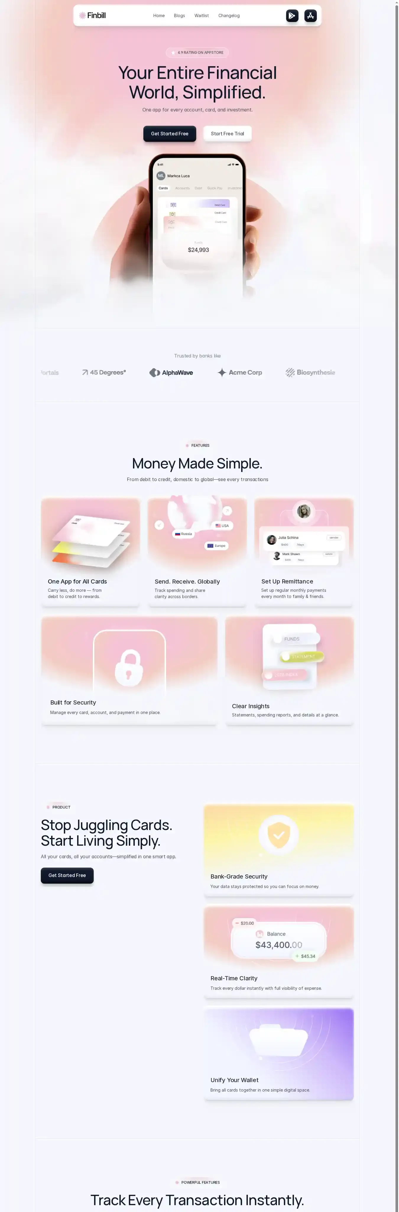 Finbill home page on desktop