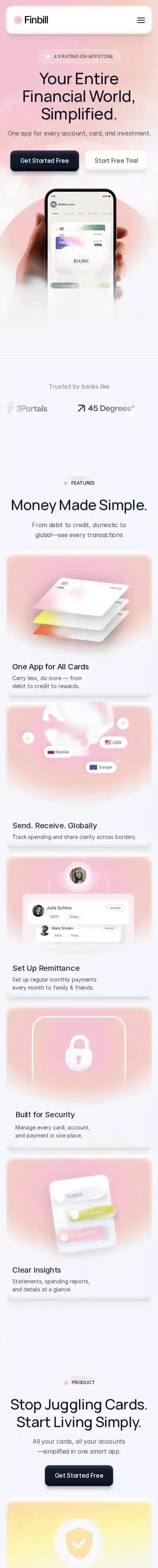 Finbill home page on mobile