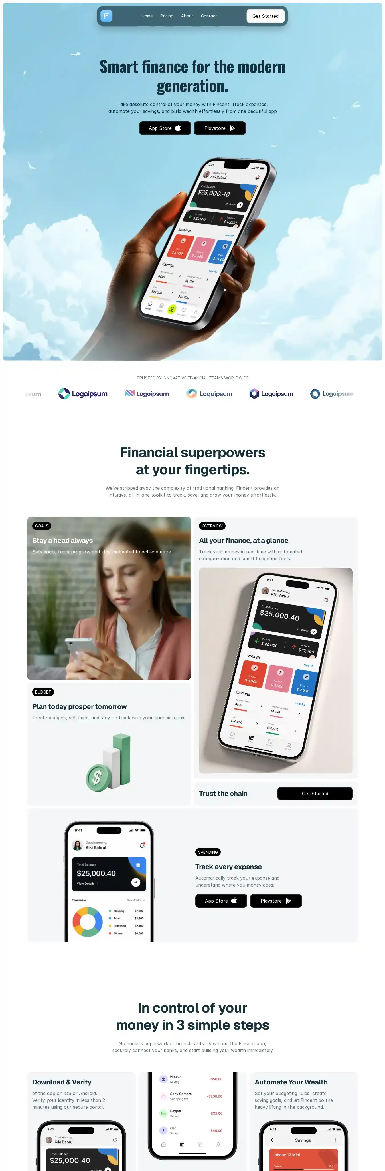 Fincent home page on desktop