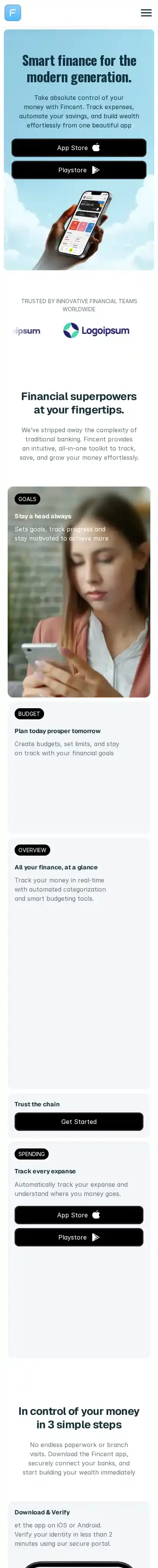 Fincent home page on mobile