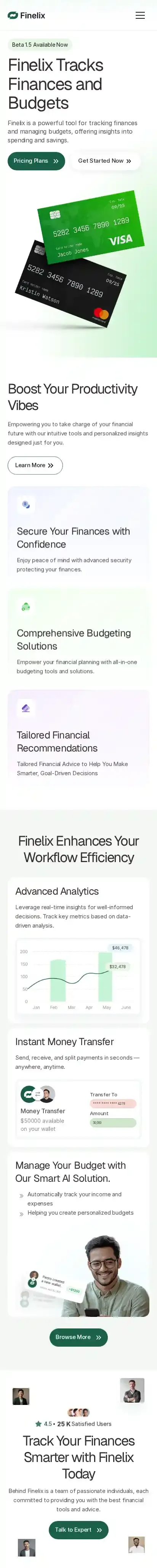 Finelix home page on mobile