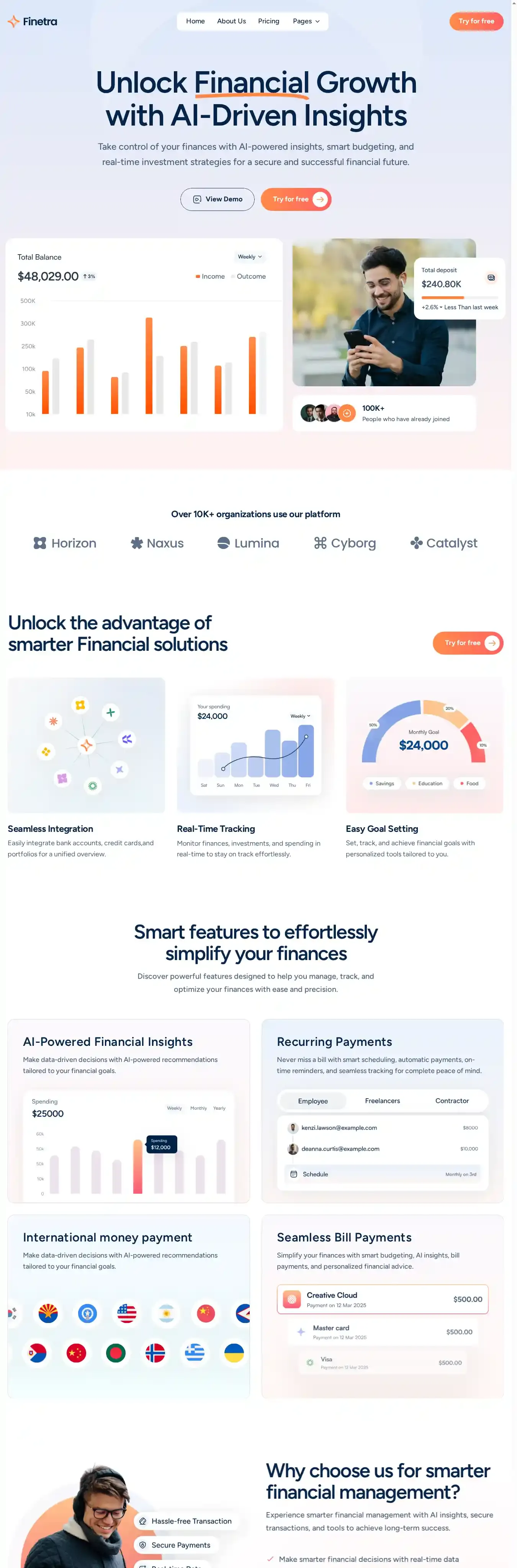 Finetra home page on desktop