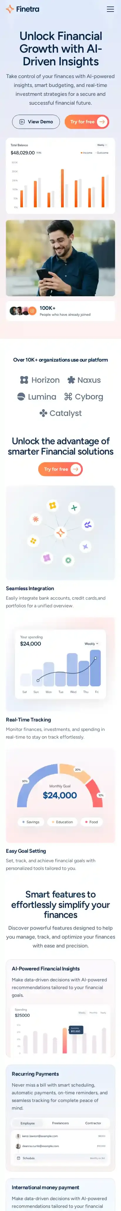 Finetra home page on mobile