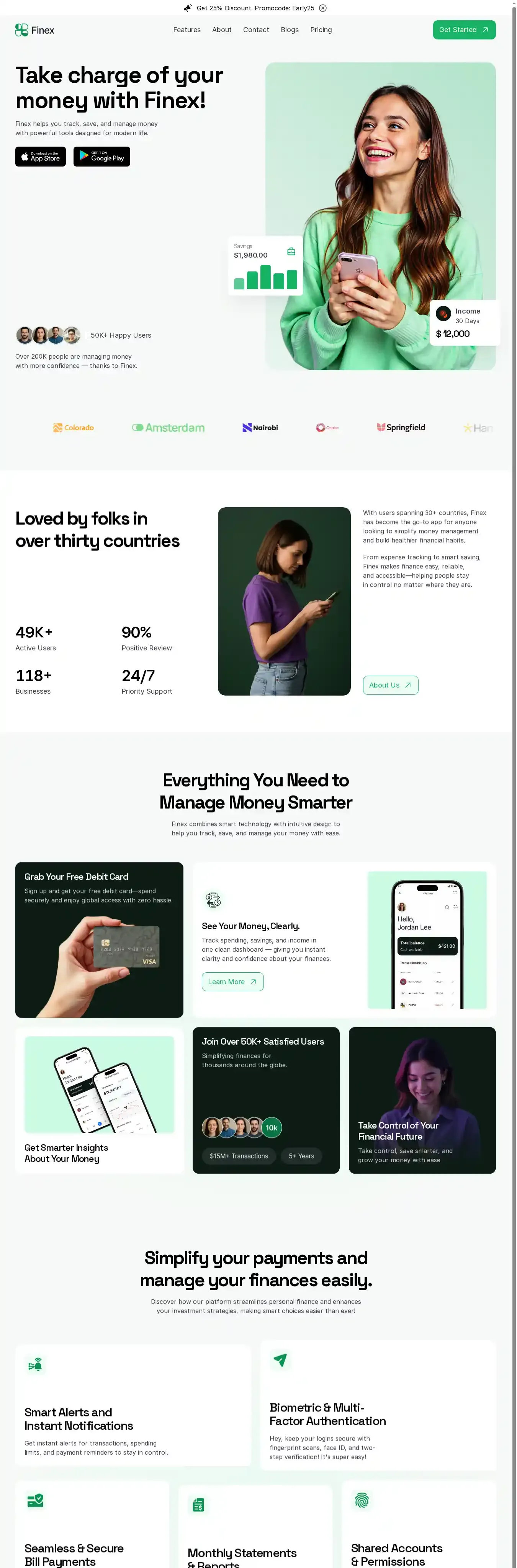 Finex home page on desktop