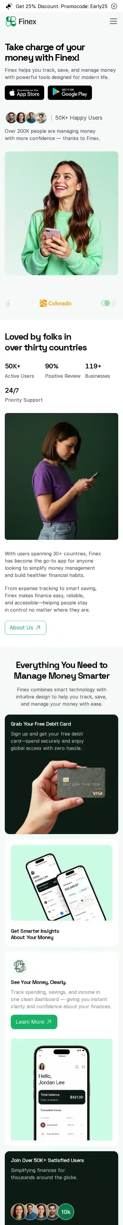 Finex home page on mobile