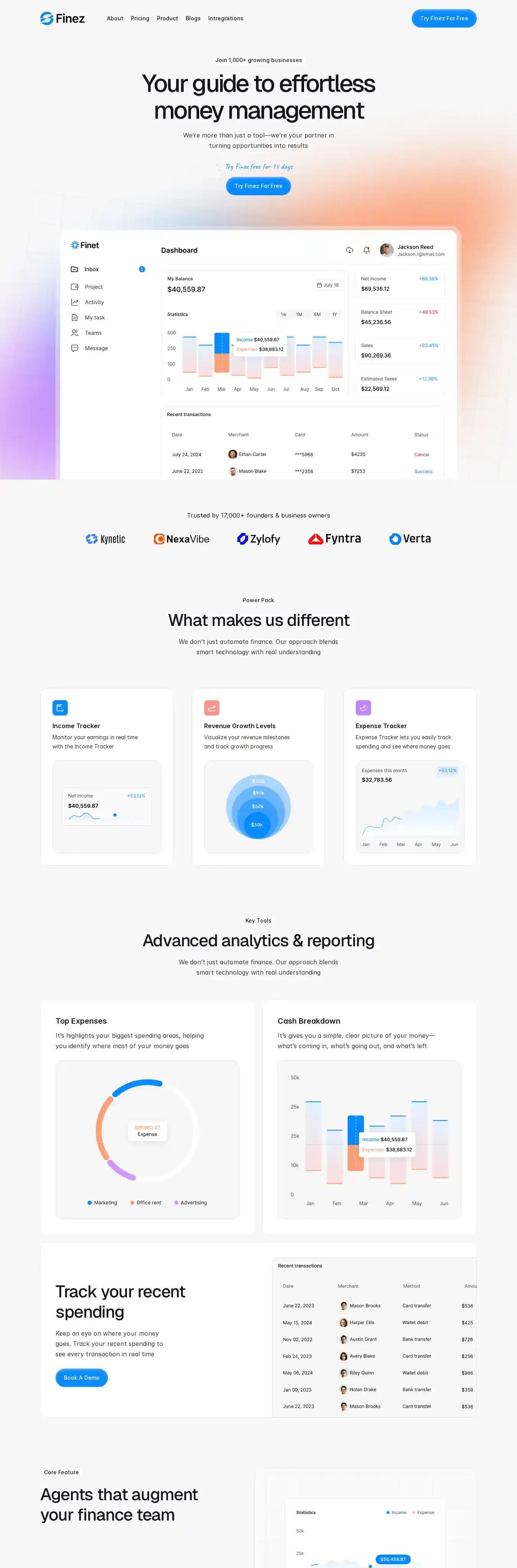 Finez home page on desktop