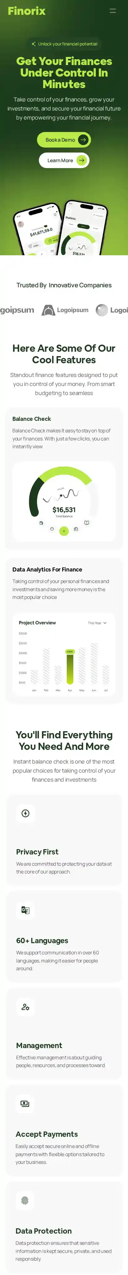 Finorix home page on mobile
