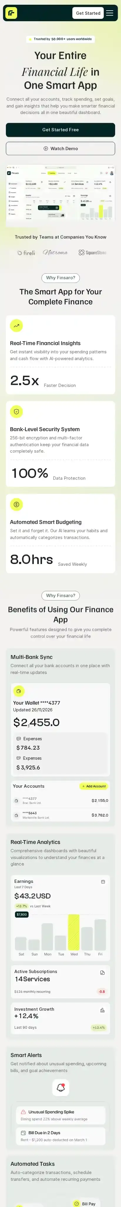 Finsaro home page on mobile