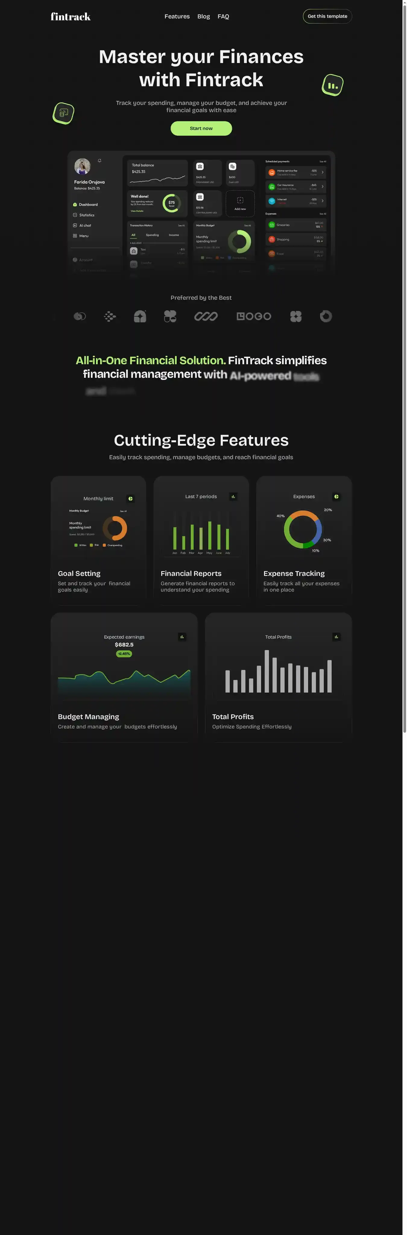 FinTrack home page on desktop